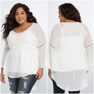 Torrid Sheer Hi-Lo Ivory Chiffon Lace Insert Top